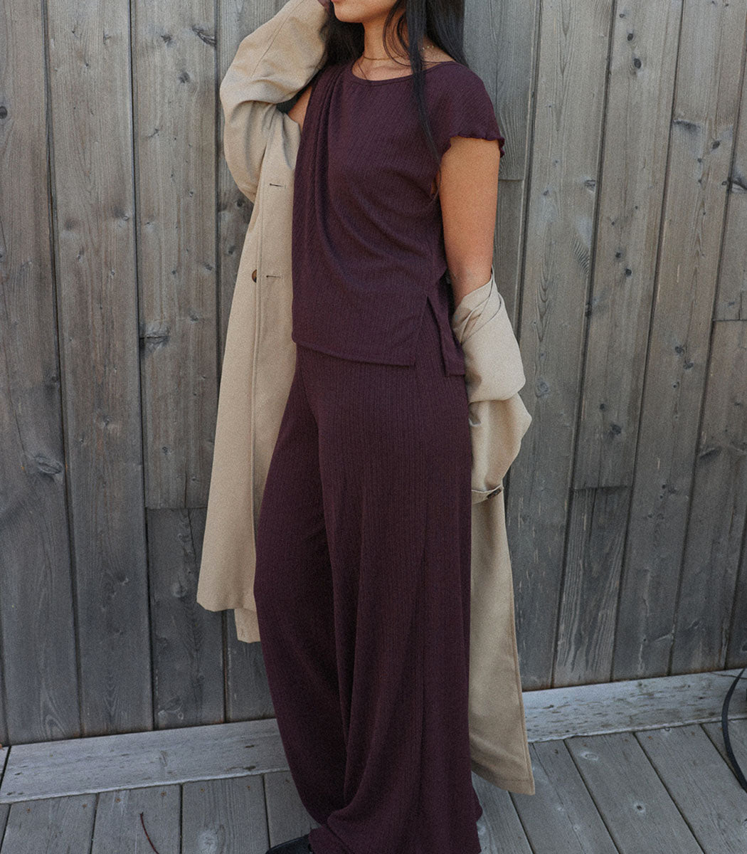 Pantalon ample texturé | FLOWY - PRUNE