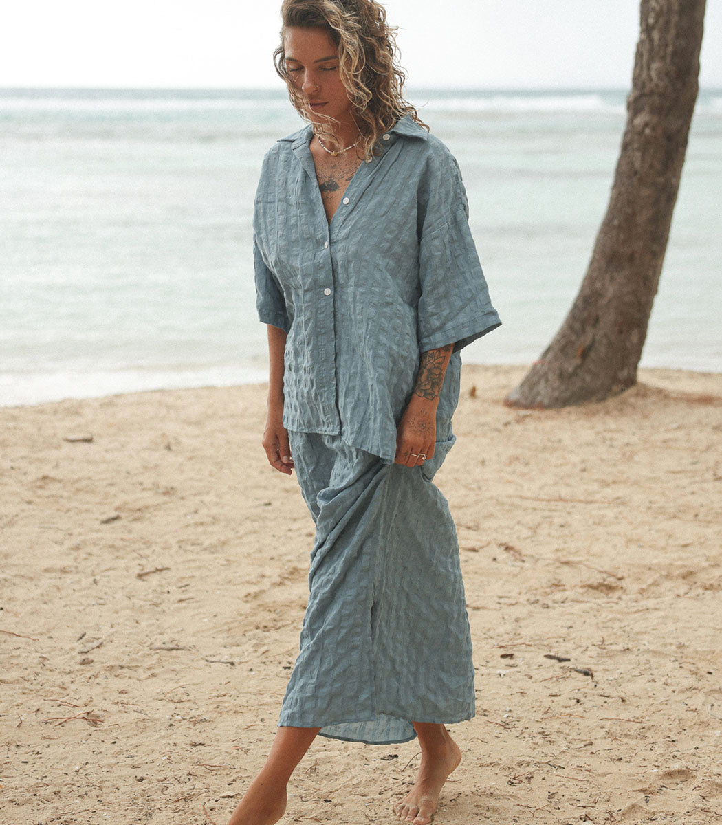 Loose-fitting short-sleeved linen shirt | BIARRITZ - SEAFOAM