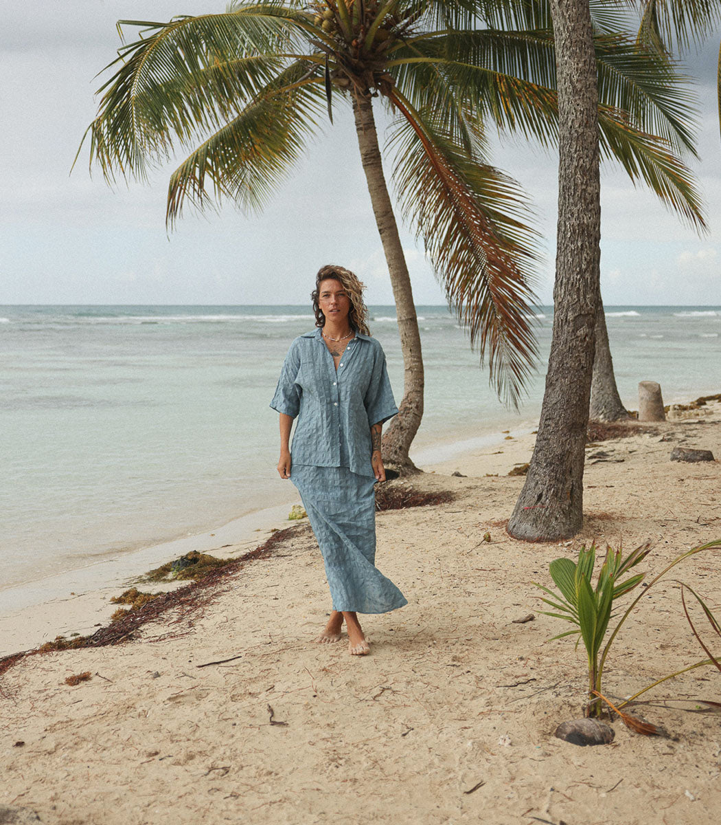 Loose-fitting short-sleeved linen shirt | BIARRITZ - SEAFOAM