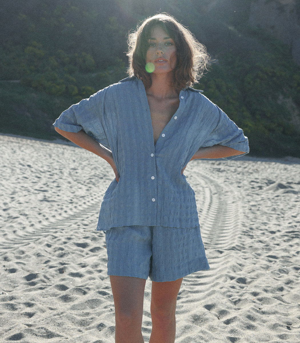 Loose-fitting short-sleeved linen shirt | BIARRITZ - SEAFOAM