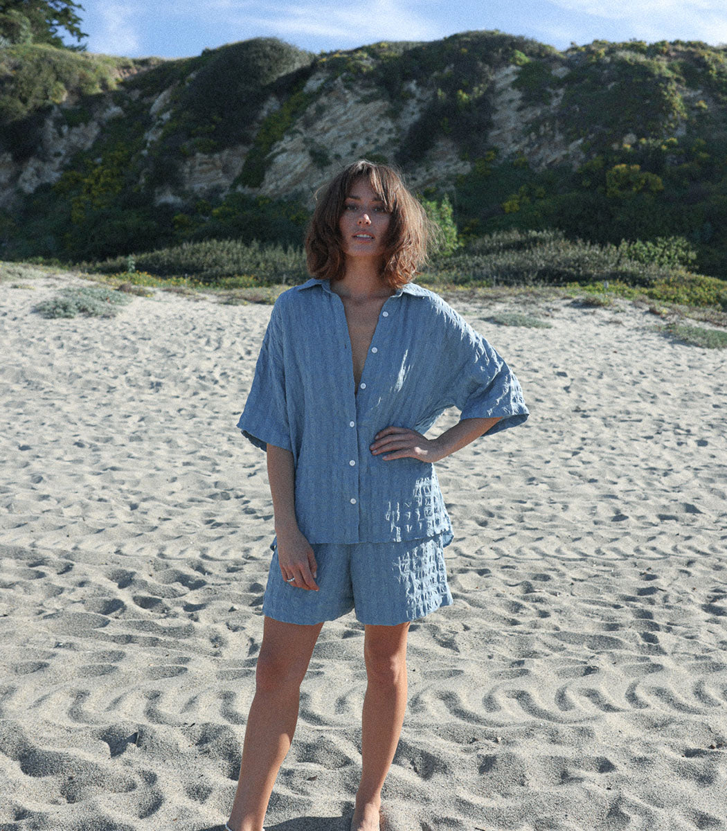 Loose-fitting short-sleeved linen shirt | BIARRITZ - SEAFOAM