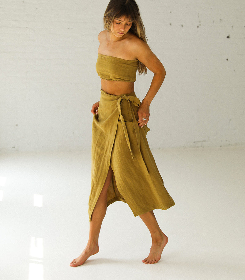CASTELLO Skirt - 100% Organic Linen - GOLDEN GREEN