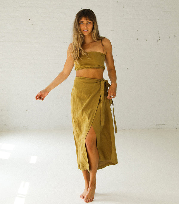 CASTELLO Skirt - 100% Organic Linen - GOLDEN GREEN