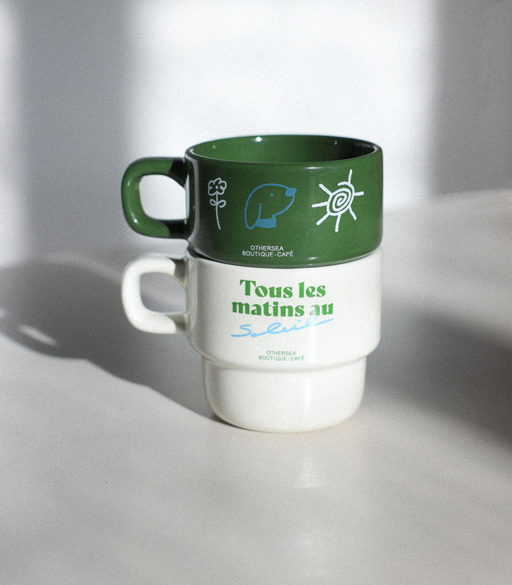 Ensemble de deux tasses empilables & un sac de Café Flores del Sol | Vert & Blanc